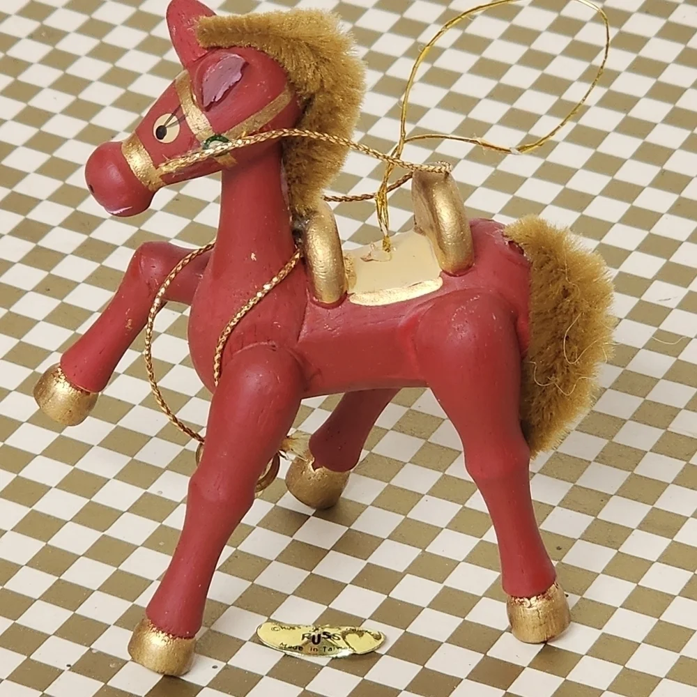 Red Wooden Horse Christmas Ornament Mane and Tail Russ Taiwan Vintage Cute